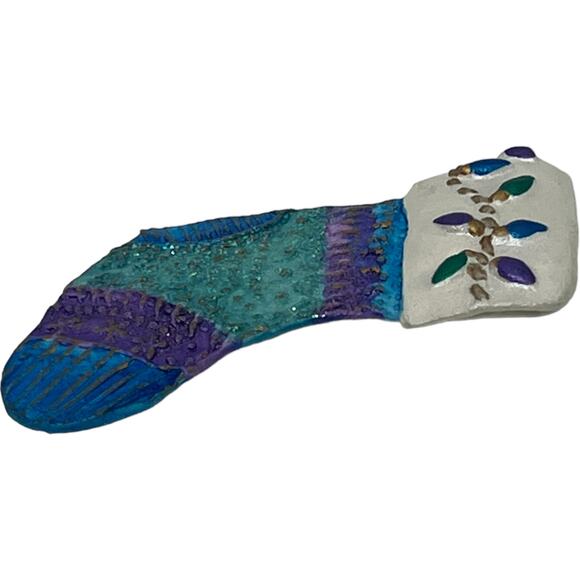 Vintage Handcrafted Christmas Stocking Brooch Pin Purple Teal Holiday Glitter - Picture 5 of 7